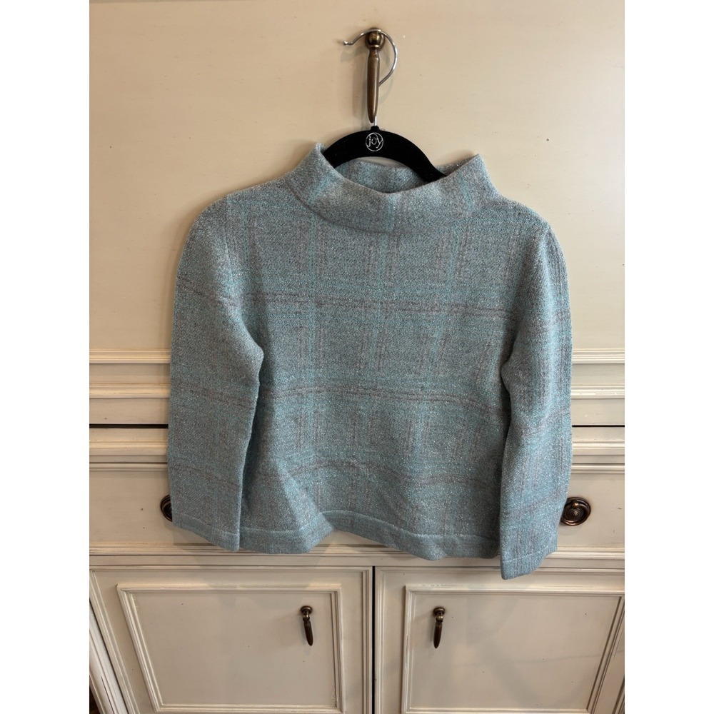 D. Exterior Wool Cashmere Teal Silver Sweater Cropped Mock Neck Small‎ Metallic